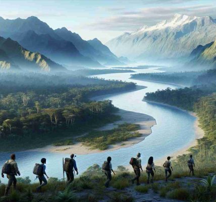 Generate a realistic, high-definition image of a group of explorers on a journey of discovery. This group consists of an even mix of men and women, of diverse backgrounds such as Hispanic, Caucasian, Black, and South Asian, braving an unfamiliar terrain. The scene unfolds much like a new frontier being discovered: a pristine, untouched nature landscape stretches as far as the eye can see, with an emphasis on vast mountain ranges in the distance, a crystal-clear river twisting its way through a dense forest, and the hint of exotic wildlife hidden amongst the trees.