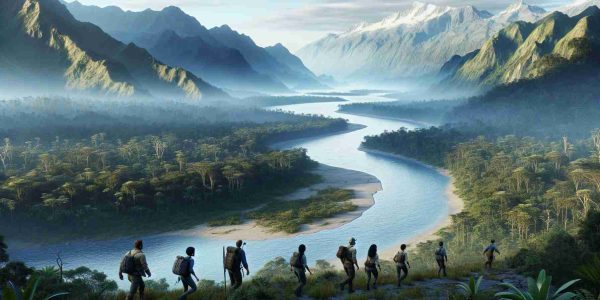 Generate a realistic, high-definition image of a group of explorers on a journey of discovery. This group consists of an even mix of men and women, of diverse backgrounds such as Hispanic, Caucasian, Black, and South Asian, braving an unfamiliar terrain. The scene unfolds much like a new frontier being discovered: a pristine, untouched nature landscape stretches as far as the eye can see, with an emphasis on vast mountain ranges in the distance, a crystal-clear river twisting its way through a dense forest, and the hint of exotic wildlife hidden amongst the trees.