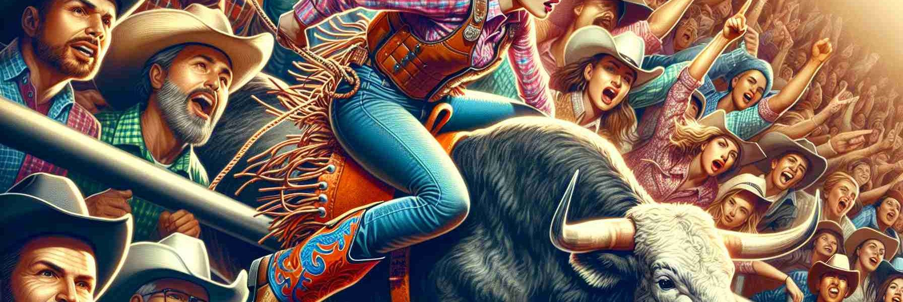 Detailed close-up shot of a vibrant and lively rodeo scene. The focal point is a professional Hispanic female bull rider in mid-performance, tightly gripping the reins as she courageously tames the bucking bull. Observant Middle-Eastern male spectators in cowboy hats and plaid shirts cheer enthusiastically from the stands. Recurring elements of modern rodeo subculture such as cowboy boots, belt buckles, and bull riding gear are prominently featured in the composition.