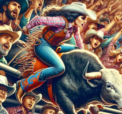 Detailed close-up shot of a vibrant and lively rodeo scene. The focal point is a professional Hispanic female bull rider in mid-performance, tightly gripping the reins as she courageously tames the bucking bull. Observant Middle-Eastern male spectators in cowboy hats and plaid shirts cheer enthusiastically from the stands. Recurring elements of modern rodeo subculture such as cowboy boots, belt buckles, and bull riding gear are prominently featured in the composition.