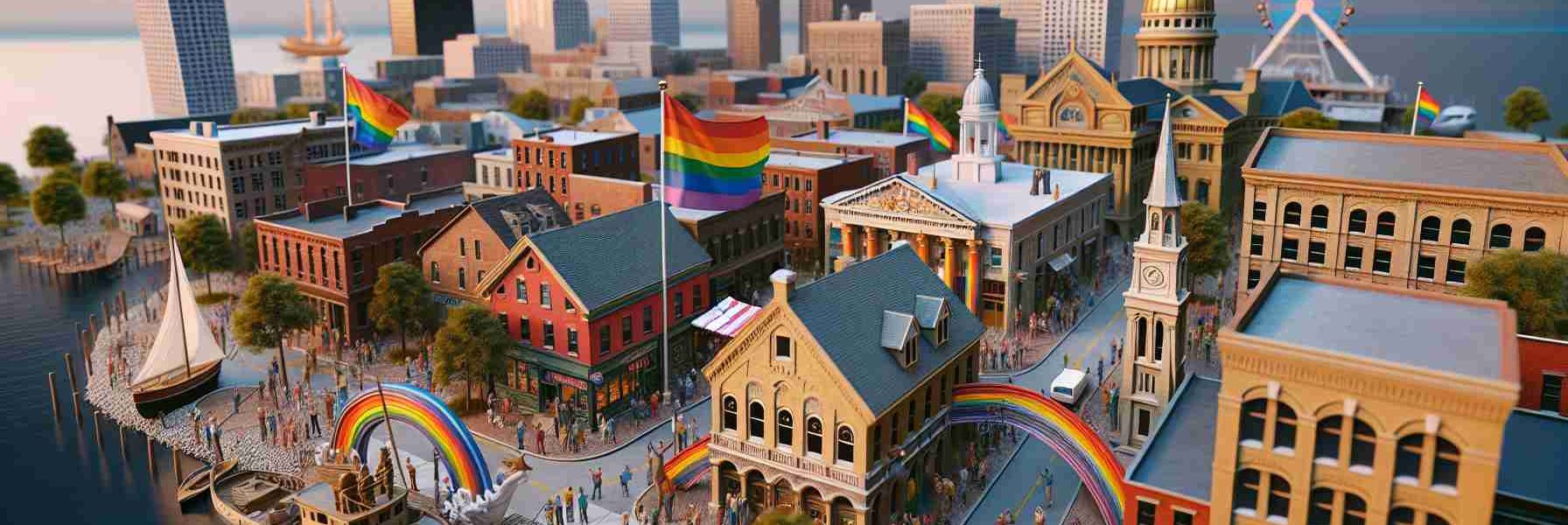 Realistic, high-definition image capturing the historical richness of Milwaukee's LGBTQ community. The scene should emphasize major historical landmarks and symbolic elements that represent the dynamics and progress of the LGBTQ community in Milwaukee.