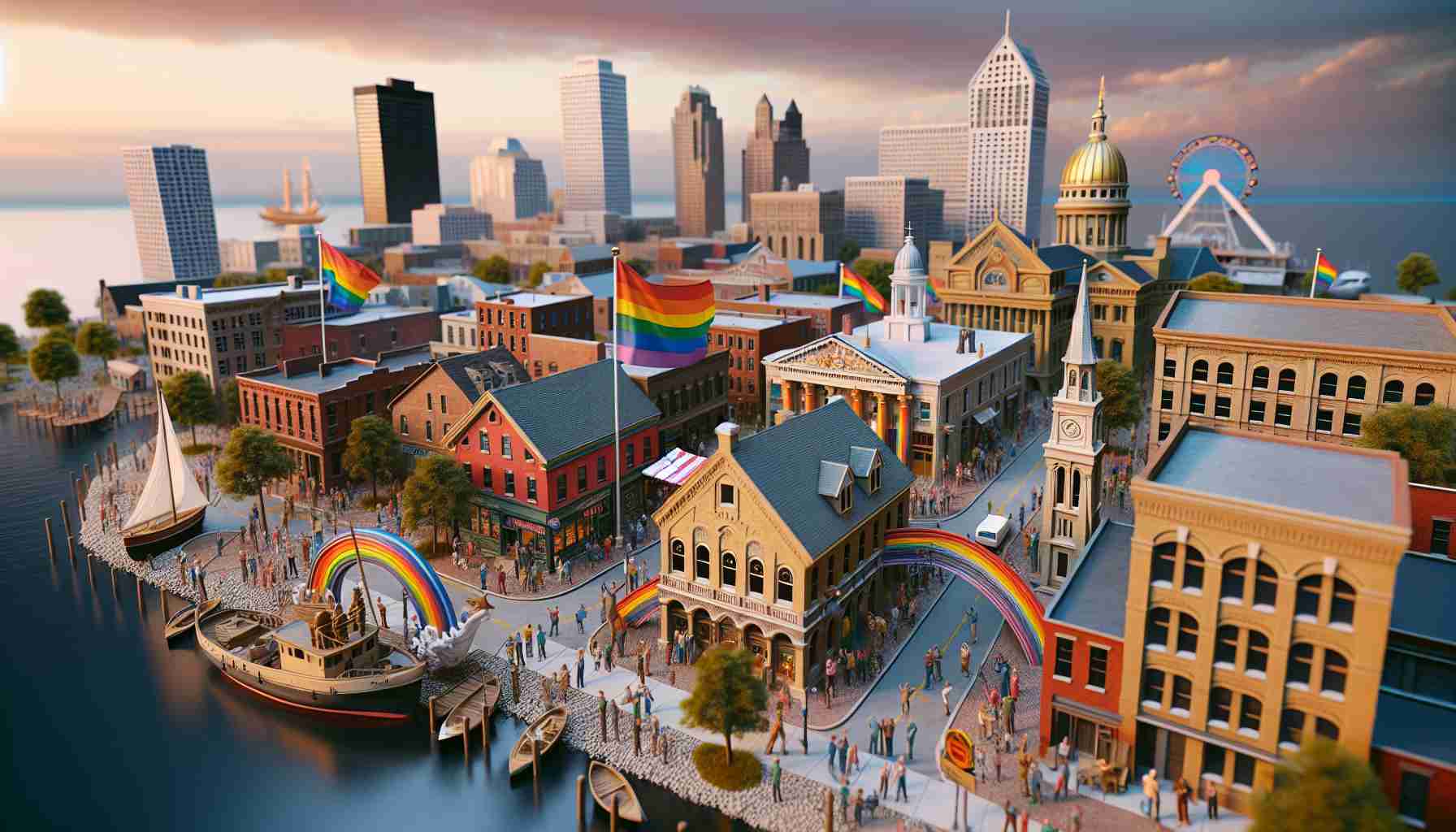 Realistic, high-definition image capturing the historical richness of Milwaukee's LGBTQ community. The scene should emphasize major historical landmarks and symbolic elements that represent the dynamics and progress of the LGBTQ community in Milwaukee.