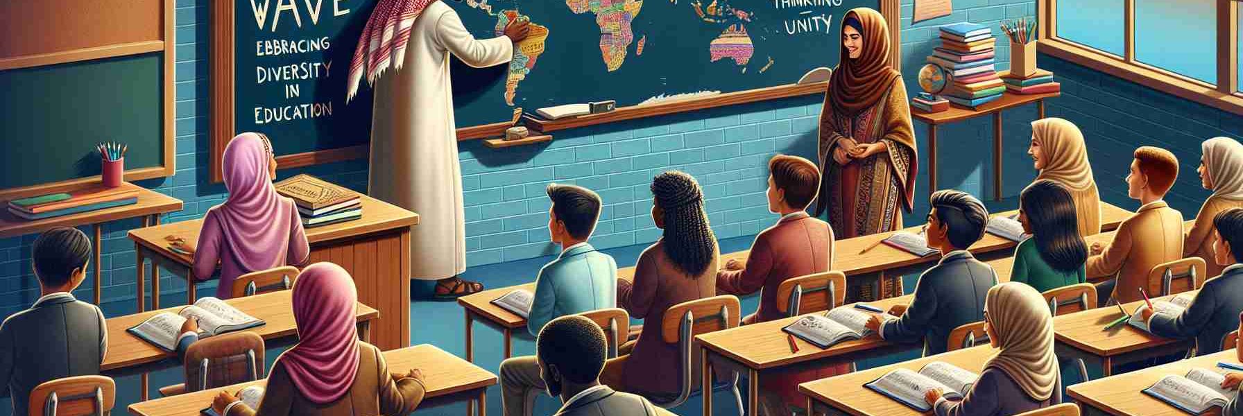 An image in high definition depicting a new wave embracing diversity in education. It includes a classroom set with a blackboard on the wall. Elements like books, notebooks and colored pencils should be visible. The board may contain phrases related to diverse thinking, unity, or inclusion. A teacher of Middle-Eastern descent is at the blackboard, unfurling a map. Students of varied descent (Caucasian, Hispanic, South-Asian and Black) and gender are shown interacting, contributing to the discussion, and learning from each other. The tone of the image should be positive and inspiring, encapsulating the ethos of diversity in education.