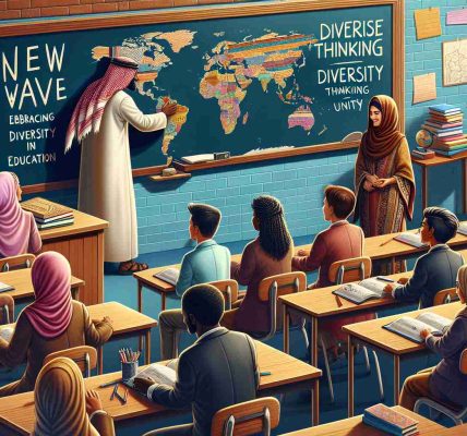 An image in high definition depicting a new wave embracing diversity in education. It includes a classroom set with a blackboard on the wall. Elements like books, notebooks and colored pencils should be visible. The board may contain phrases related to diverse thinking, unity, or inclusion. A teacher of Middle-Eastern descent is at the blackboard, unfurling a map. Students of varied descent (Caucasian, Hispanic, South-Asian and Black) and gender are shown interacting, contributing to the discussion, and learning from each other. The tone of the image should be positive and inspiring, encapsulating the ethos of diversity in education.