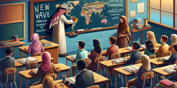 An image in high definition depicting a new wave embracing diversity in education. It includes a classroom set with a blackboard on the wall. Elements like books, notebooks and colored pencils should be visible. The board may contain phrases related to diverse thinking, unity, or inclusion. A teacher of Middle-Eastern descent is at the blackboard, unfurling a map. Students of varied descent (Caucasian, Hispanic, South-Asian and Black) and gender are shown interacting, contributing to the discussion, and learning from each other. The tone of the image should be positive and inspiring, encapsulating the ethos of diversity in education.