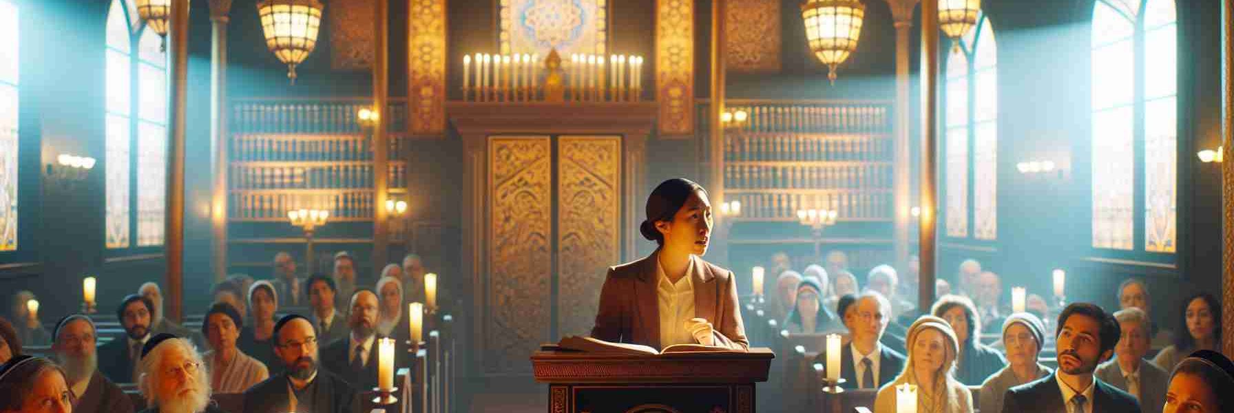 Generate a realistic HD photo of a trailblazing Rabbi who is known for their inclusive work. The setting is a peaceful synagogue, filled with warm lighting and beautiful stained glass windows. The Rabbi, a woman of Asian descent, stands at the pulpit, a passionate expression on her face. Behind her, the ark doors partially open, revealing the sacred Torah scrolls. Ethnically diverse congregants attentively listen, reflecting the Rabbi's commitment to inclusivity. The aura of the scene radiates serenity and respect, epitomizing the Rabbi's legacy.