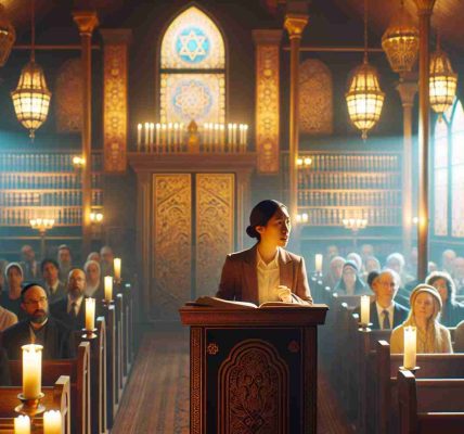 Generate a realistic HD photo of a trailblazing Rabbi who is known for their inclusive work. The setting is a peaceful synagogue, filled with warm lighting and beautiful stained glass windows. The Rabbi, a woman of Asian descent, stands at the pulpit, a passionate expression on her face. Behind her, the ark doors partially open, revealing the sacred Torah scrolls. Ethnically diverse congregants attentively listen, reflecting the Rabbi's commitment to inclusivity. The aura of the scene radiates serenity and respect, epitomizing the Rabbi's legacy.