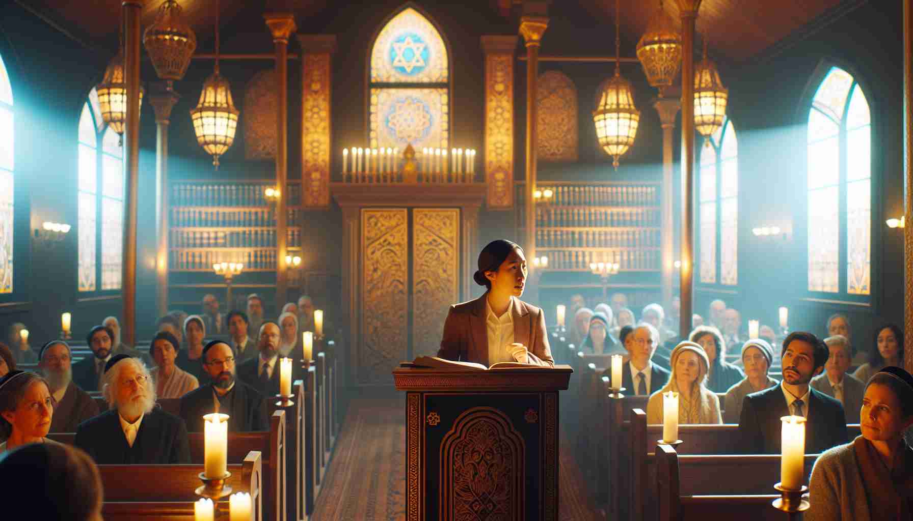Generate a realistic HD photo of a trailblazing Rabbi who is known for their inclusive work. The setting is a peaceful synagogue, filled with warm lighting and beautiful stained glass windows. The Rabbi, a woman of Asian descent, stands at the pulpit, a passionate expression on her face. Behind her, the ark doors partially open, revealing the sacred Torah scrolls. Ethnically diverse congregants attentively listen, reflecting the Rabbi's commitment to inclusivity. The aura of the scene radiates serenity and respect, epitomizing the Rabbi's legacy.