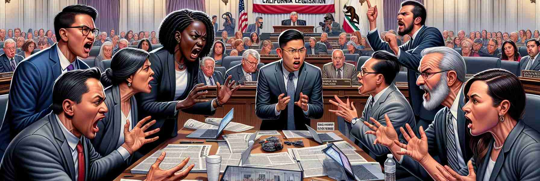 Detailed visual representation of the scene of a heated debate in a California legislative assembly. Participants include a diverse array of individuals: a Black female legislator passionately arguing a point, a Middle-Eastern male legislator listening intently, an Asian female legislator preparing to speak, and a Caucasian male legislator appealing for calm. A copy of the controversial legislation is displayed prominently on a table in front of them. A large banner saying 'Parental Rights' is hanging in the background, exemplifying the core of the issue. The setting is intense and the atmosphere charged.