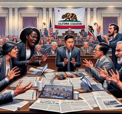 Detailed visual representation of the scene of a heated debate in a California legislative assembly. Participants include a diverse array of individuals: a Black female legislator passionately arguing a point, a Middle-Eastern male legislator listening intently, an Asian female legislator preparing to speak, and a Caucasian male legislator appealing for calm. A copy of the controversial legislation is displayed prominently on a table in front of them. A large banner saying 'Parental Rights' is hanging in the background, exemplifying the core of the issue. The setting is intense and the atmosphere charged.