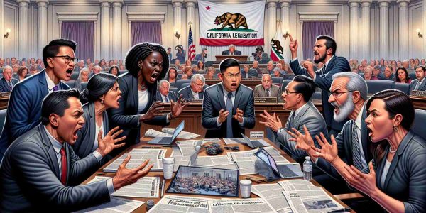 Detailed visual representation of the scene of a heated debate in a California legislative assembly. Participants include a diverse array of individuals: a Black female legislator passionately arguing a point, a Middle-Eastern male legislator listening intently, an Asian female legislator preparing to speak, and a Caucasian male legislator appealing for calm. A copy of the controversial legislation is displayed prominently on a table in front of them. A large banner saying 'Parental Rights' is hanging in the background, exemplifying the core of the issue. The setting is intense and the atmosphere charged.