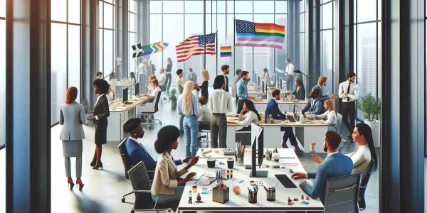 Create a realistic, high-definition image of a corporate environment expressing support for the LGBTQ+ community. Picture a modern office space where a range of employees from different descents such as Black, Hispanic and South Asian are engaged in their work. The gender distribution is balanced. Elements like LGBTQ+ flags, pins, and stickers are visible, emphasizing the company's decisive support. The air is abuzz with productivity, inclusivity, and acceptance. Everyone is dressed in the appropriate business attire suitable for a corporate setting.