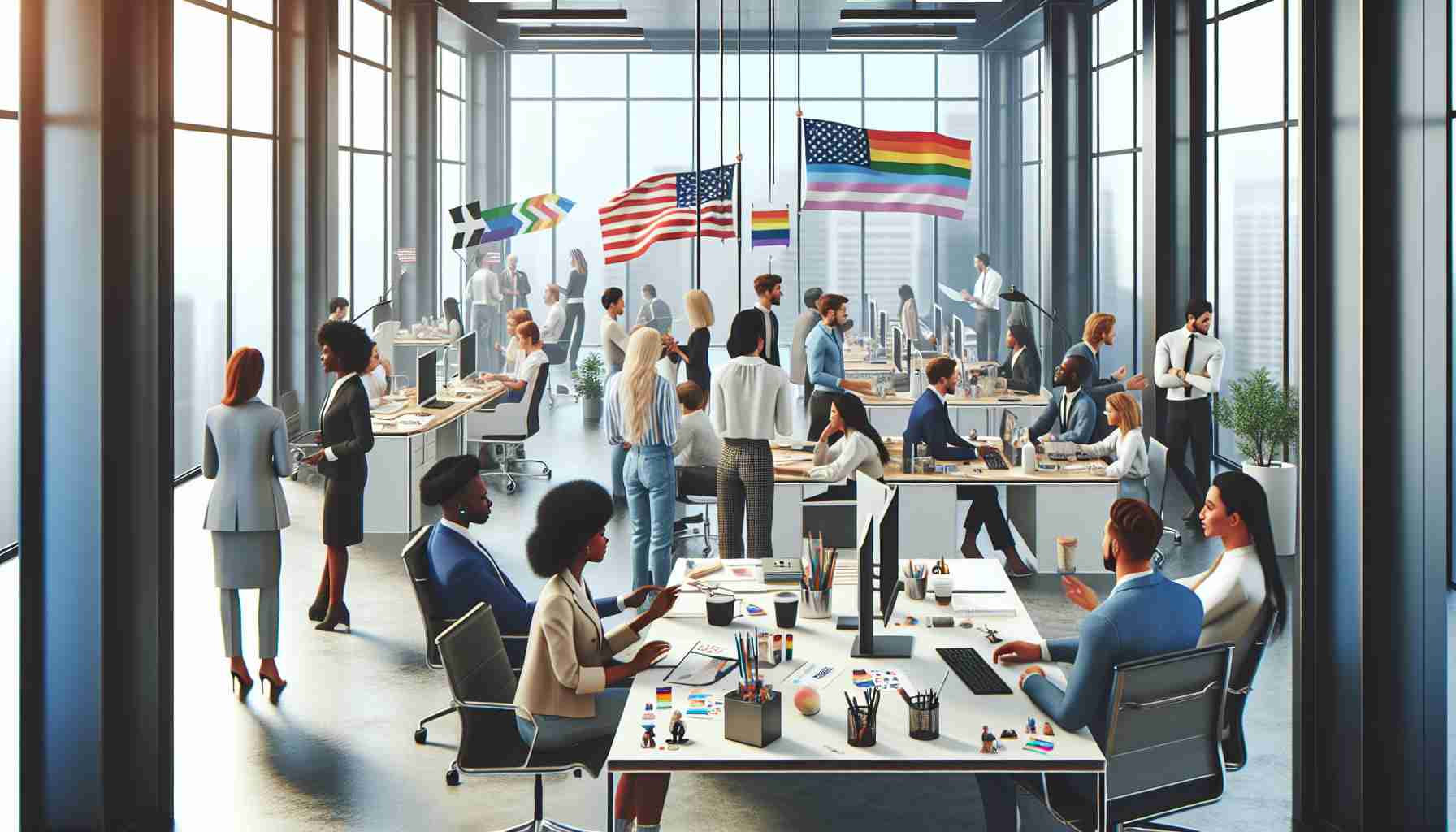 Create a realistic, high-definition image of a corporate environment expressing support for the LGBTQ+ community. Picture a modern office space where a range of employees from different descents such as Black, Hispanic and South Asian are engaged in their work. The gender distribution is balanced. Elements like LGBTQ+ flags, pins, and stickers are visible, emphasizing the company's decisive support. The air is abuzz with productivity, inclusivity, and acceptance. Everyone is dressed in the appropriate business attire suitable for a corporate setting.