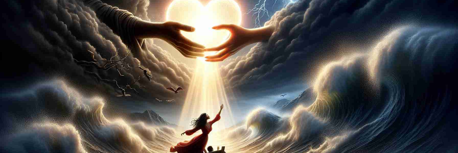 A highly detailed, realistic, high-definition image that symbolically represents 'Love Conquers All'. It portrays a bright, glowing heart delicately held by two hands, one being of a black descent woman and the other of a middle-eastern descent man, both reaching across a turbulent seascape, suggesting overcoming adversity. The heart illuminates shadowy foreground, casting warm light on the faces of lovers, symbolizing hope, unity, and the strength of love. In the background, the dark storm clouds are beginning to clear, revealing a fresh blue sky, suggesting the dawning of a new day after hardship.