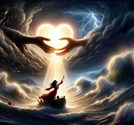 A highly detailed, realistic, high-definition image that symbolically represents 'Love Conquers All'. It portrays a bright, glowing heart delicately held by two hands, one being of a black descent woman and the other of a middle-eastern descent man, both reaching across a turbulent seascape, suggesting overcoming adversity. The heart illuminates shadowy foreground, casting warm light on the faces of lovers, symbolizing hope, unity, and the strength of love. In the background, the dark storm clouds are beginning to clear, revealing a fresh blue sky, suggesting the dawning of a new day after hardship.