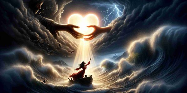 A highly detailed, realistic, high-definition image that symbolically represents 'Love Conquers All'. It portrays a bright, glowing heart delicately held by two hands, one being of a black descent woman and the other of a middle-eastern descent man, both reaching across a turbulent seascape, suggesting overcoming adversity. The heart illuminates shadowy foreground, casting warm light on the faces of lovers, symbolizing hope, unity, and the strength of love. In the background, the dark storm clouds are beginning to clear, revealing a fresh blue sky, suggesting the dawning of a new day after hardship.