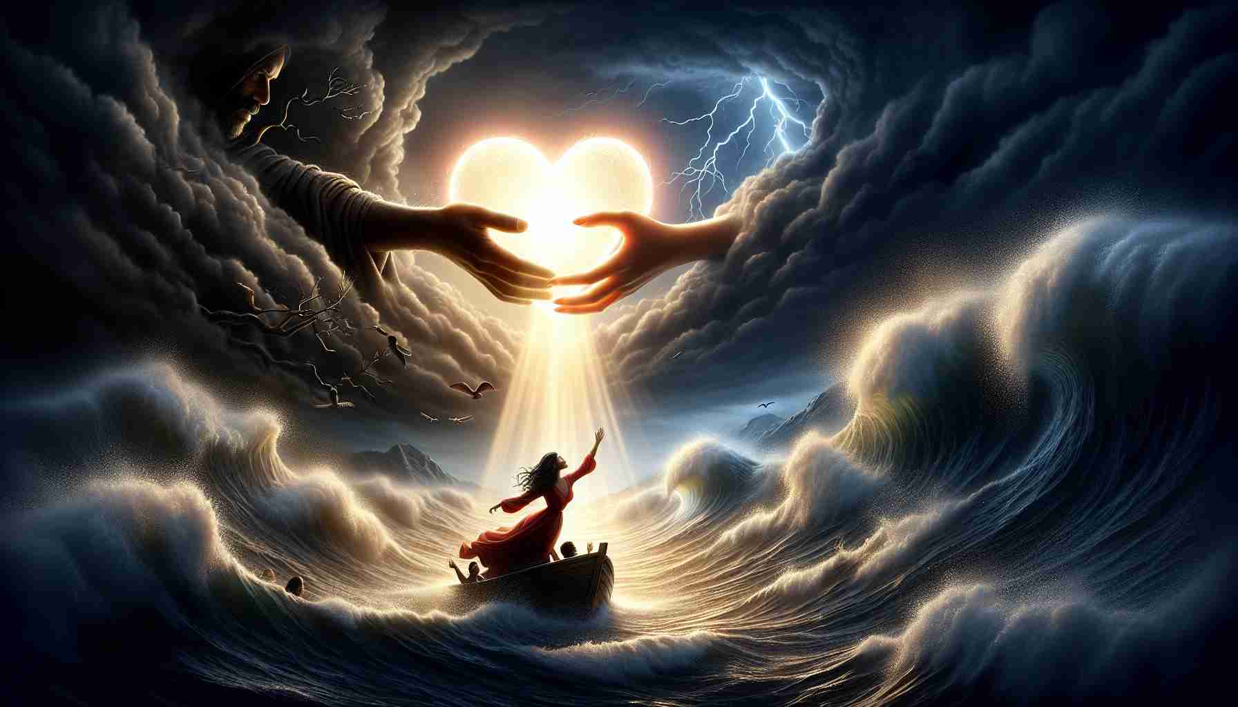 A highly detailed, realistic, high-definition image that symbolically represents 'Love Conquers All'. It portrays a bright, glowing heart delicately held by two hands, one being of a black descent woman and the other of a middle-eastern descent man, both reaching across a turbulent seascape, suggesting overcoming adversity. The heart illuminates shadowy foreground, casting warm light on the faces of lovers, symbolizing hope, unity, and the strength of love. In the background, the dark storm clouds are beginning to clear, revealing a fresh blue sky, suggesting the dawning of a new day after hardship.