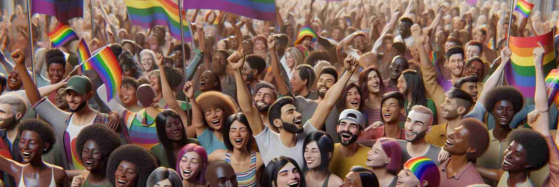 A high-definition, realistic image of a celebration embracing LGBTQ rights and inclusion. The scene unfolds in a lively environment, with rainbow flags waving proudly. A parade is in progress, with people of diverse backgrounds, genders, and ages participating enthusiastically. Each person is represented equally and harmoniously, reflecting a broad spectrum of descents such as Caucasian, Hispanic, Black, Middle-Eastern, South Asian, and East Asian. Heart-warming smiles, loving gestures, and vibrant outfits contribute to the jubilant spirit of the gathering.