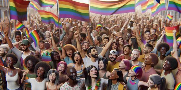 A high-definition, realistic image of a celebration embracing LGBTQ rights and inclusion. The scene unfolds in a lively environment, with rainbow flags waving proudly. A parade is in progress, with people of diverse backgrounds, genders, and ages participating enthusiastically. Each person is represented equally and harmoniously, reflecting a broad spectrum of descents such as Caucasian, Hispanic, Black, Middle-Eastern, South Asian, and East Asian. Heart-warming smiles, loving gestures, and vibrant outfits contribute to the jubilant spirit of the gathering.