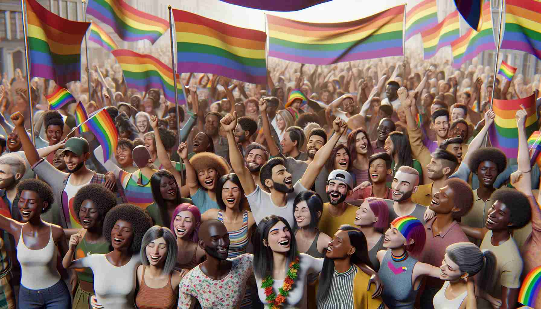 A high-definition, realistic image of a celebration embracing LGBTQ rights and inclusion. The scene unfolds in a lively environment, with rainbow flags waving proudly. A parade is in progress, with people of diverse backgrounds, genders, and ages participating enthusiastically. Each person is represented equally and harmoniously, reflecting a broad spectrum of descents such as Caucasian, Hispanic, Black, Middle-Eastern, South Asian, and East Asian. Heart-warming smiles, loving gestures, and vibrant outfits contribute to the jubilant spirit of the gathering.