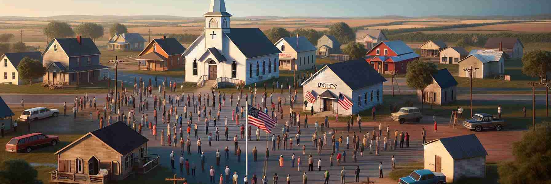 Generate a high-definition realistic image depicting the theme of community unity. The scene is centered around a small town's church buildings, all of which are standing strong and unwaveringly. There are symbols of peace and unity strewn throughout the town - unity flags billowing in the breeze, people of various genders and descents like Caucasian, Hispanic and Middle-Eastern coming together, and a general air of resolve. There are clear blue skies above symbolizing hope and calm after a storm. Please do not include any specific incidents or events.