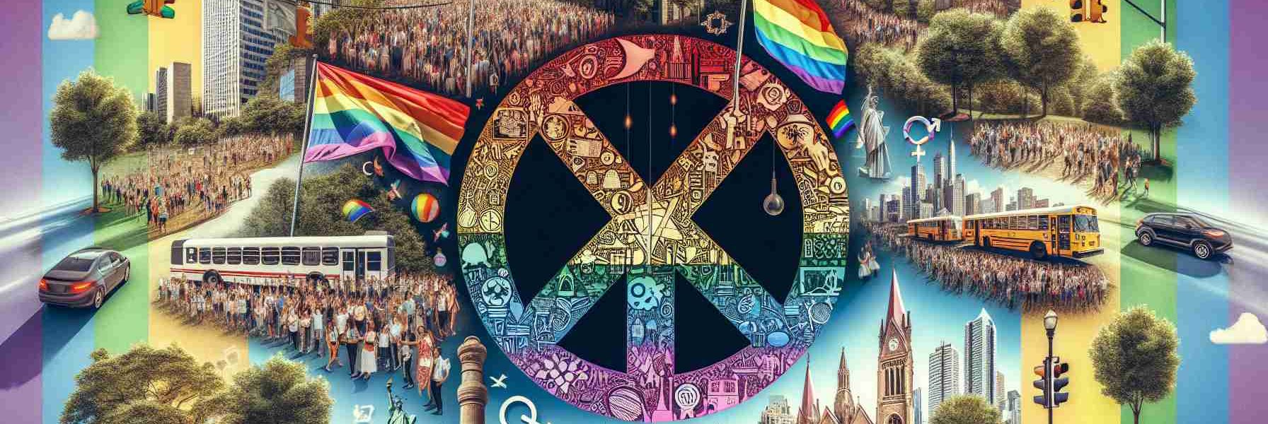 Create a realistic, high-definition image of various symbolic elements representing LGBTQ rights, such as rainbow flags or inclusive symbols, set against the backdrop of different urban landscapes. The image could feature skyscrapers, busy city streets, public parks, monuments and people of different descents and genders engaging in everyday activities.