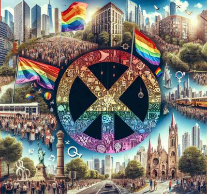 Create a realistic, high-definition image of various symbolic elements representing LGBTQ rights, such as rainbow flags or inclusive symbols, set against the backdrop of different urban landscapes. The image could feature skyscrapers, busy city streets, public parks, monuments and people of different descents and genders engaging in everyday activities.