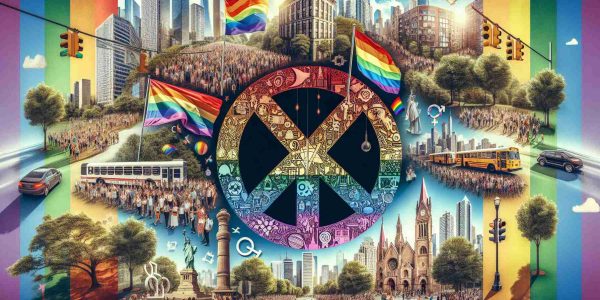 Create a realistic, high-definition image of various symbolic elements representing LGBTQ rights, such as rainbow flags or inclusive symbols, set against the backdrop of different urban landscapes. The image could feature skyscrapers, busy city streets, public parks, monuments and people of different descents and genders engaging in everyday activities.