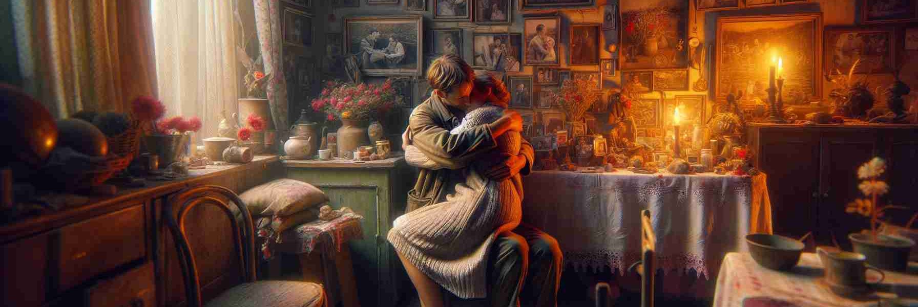 An original, high definition image depicting an intimate moment of love, expressed through conventional photographs celebrations. The scene captures two individuals in a heartfelt embrace, symbolizing mutual affection and understanding. The background features elements and decorations typically associated with photo celebrations, providing a warm and authentic atmosphere filled with nostalgia and joy. The portrayal of the event should be realistic, with attention to detail and a strong emphasis on emotion and human connection.