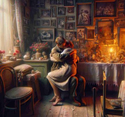 An original, high definition image depicting an intimate moment of love, expressed through conventional photographs celebrations. The scene captures two individuals in a heartfelt embrace, symbolizing mutual affection and understanding. The background features elements and decorations typically associated with photo celebrations, providing a warm and authentic atmosphere filled with nostalgia and joy. The portrayal of the event should be realistic, with attention to detail and a strong emphasis on emotion and human connection.