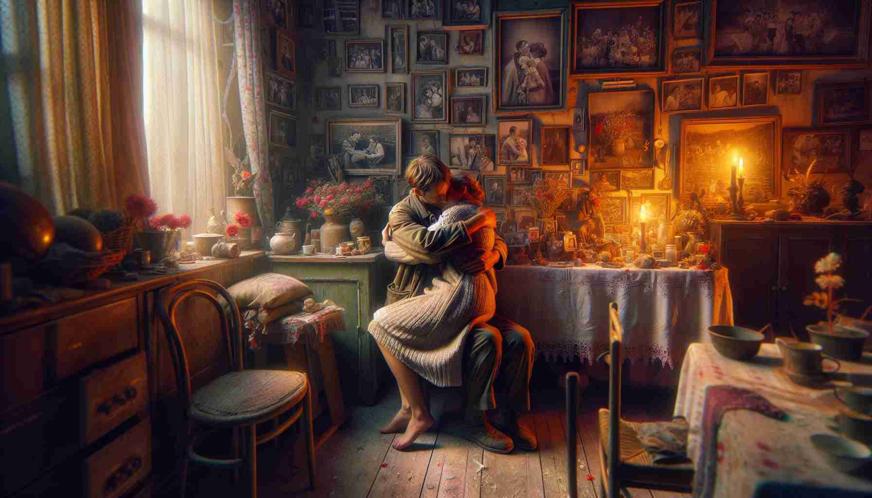 An original, high definition image depicting an intimate moment of love, expressed through conventional photographs celebrations. The scene captures two individuals in a heartfelt embrace, symbolizing mutual affection and understanding. The background features elements and decorations typically associated with photo celebrations, providing a warm and authentic atmosphere filled with nostalgia and joy. The portrayal of the event should be realistic, with attention to detail and a strong emphasis on emotion and human connection.