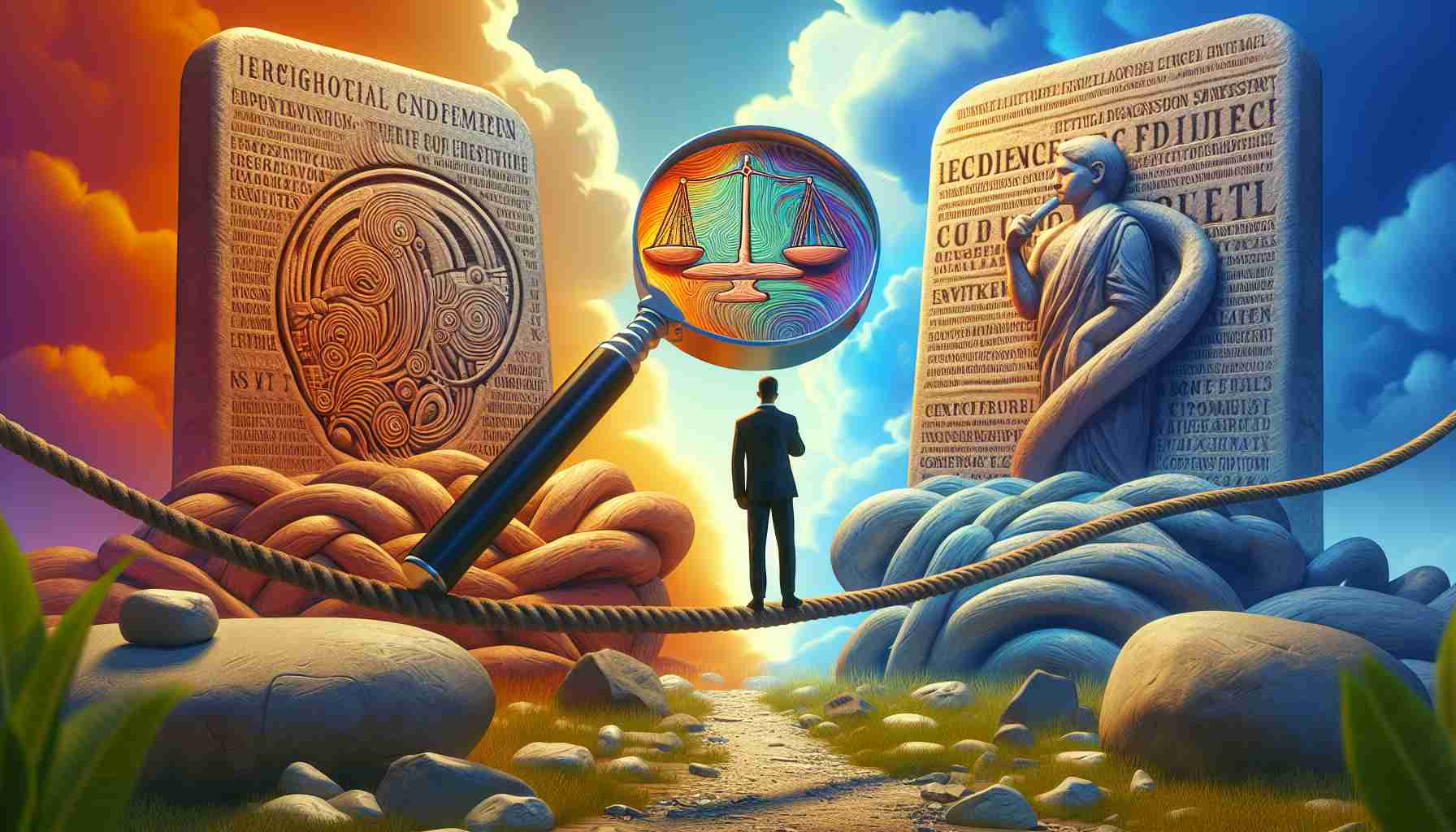 Generate a realistic HD image that symbolically represents the exploration of ethical dilemmas in contemporary society. The scene could include a magnifying glass scrutinizing an abstract representation of various ethical codes, a thoughtful individual contemplating on a tight rope between two strong opposing value systems (depicted as two giant stone tablets with inscriptions, for example), and a path winding between symbols associated with modern societal challenges such as technology, environment, and power. Use vibrant colors and a realistic style to convey the gravity of the subject.