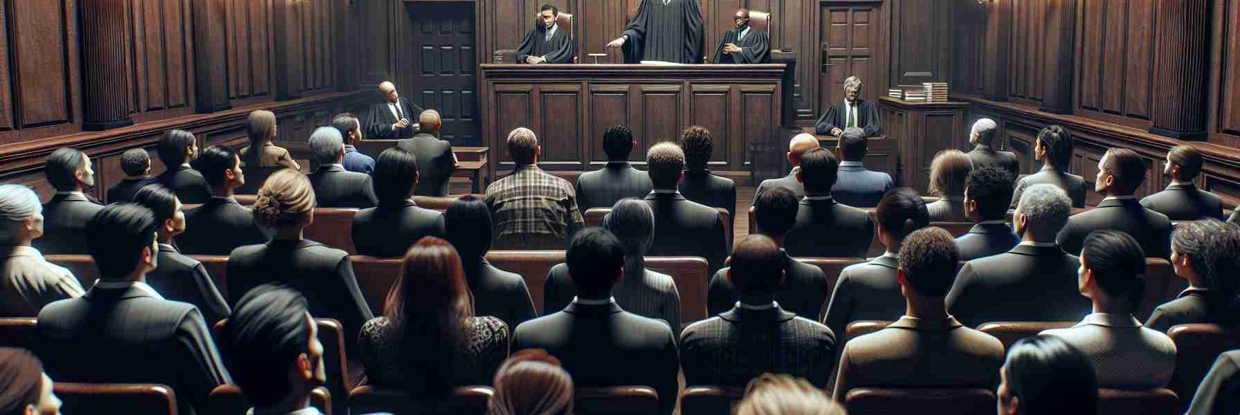 A high-definition, realistic scene of a courtroom, with an intense moment unfolding. Several people, a diverse mix of genders and races, sit tense and waiting, their eyes focused on the judge, who is an East Asian man. The judge is holding up a slip of paper that reads 'Verdict Reached'. The courtroom architecture is grand, with wooden panelling and high ceilings. The room carries a heavy air of anticipation, almost palpable in the stirrings of the observers as they wait for the verdict of the high-profile case.