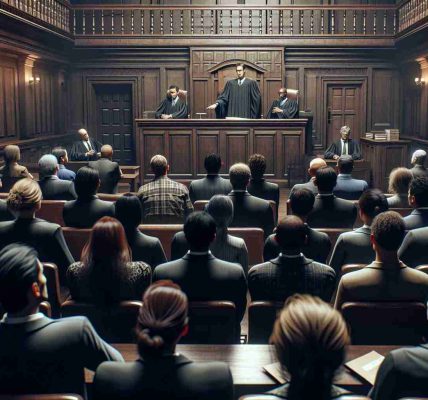 A high-definition, realistic scene of a courtroom, with an intense moment unfolding. Several people, a diverse mix of genders and races, sit tense and waiting, their eyes focused on the judge, who is an East Asian man. The judge is holding up a slip of paper that reads 'Verdict Reached'. The courtroom architecture is grand, with wooden panelling and high ceilings. The room carries a heavy air of anticipation, almost palpable in the stirrings of the observers as they wait for the verdict of the high-profile case.