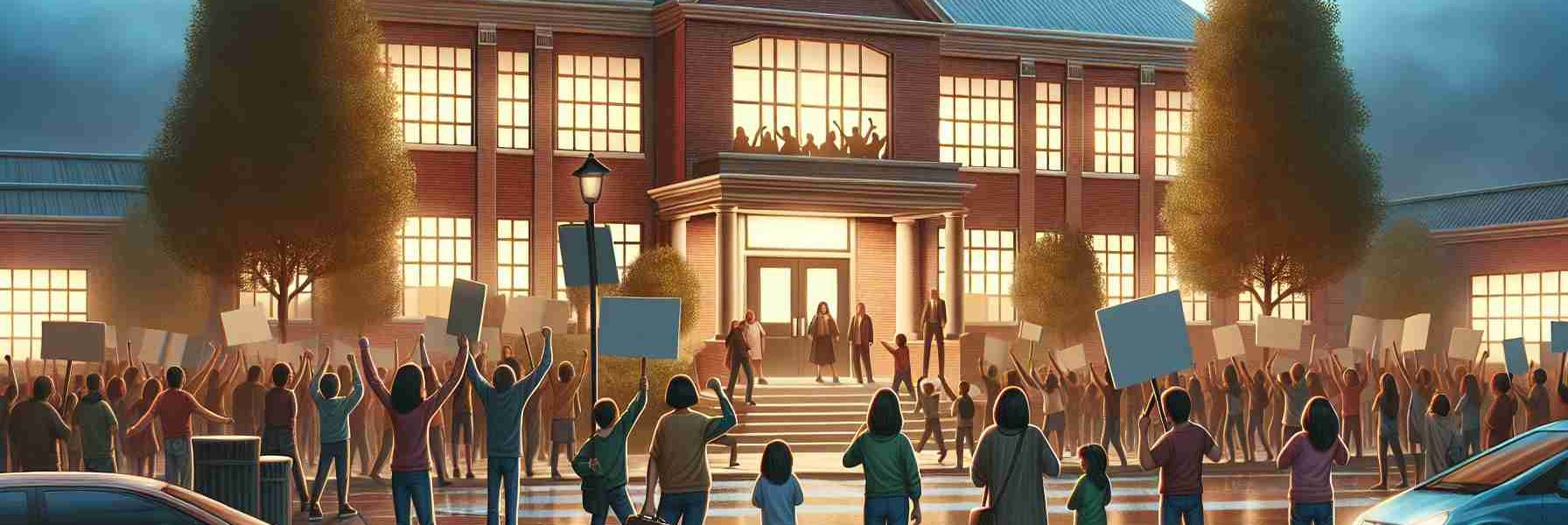 Create a realistic, high-quality image showcasing a dramatic scene at a school following the suspension of one of its employees. This can be represented by the agitation among parents and students visible outside the school building, with placards and signs indicating their discontent.