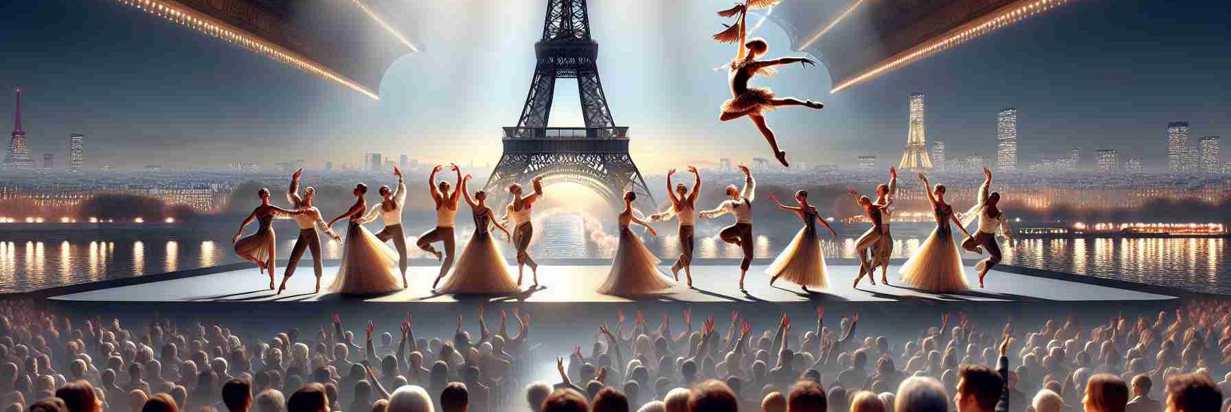 Create a realistic HD image illustrating a moment at a grand spectacle happening in Paris in 2024. The scene captures a dramatic performance with expressive dancers showcasing their talents. The stage is beautifully lit with the Eiffel Tower in the background. Note the intricate costumes the performers are wearing and the captivated audience of diverse demographics, all engrossed in the spectacle. This is a scene of truly exhilarating artistic expression.