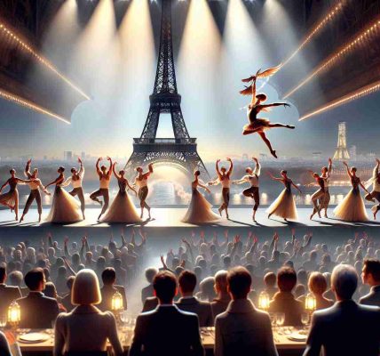 Create a realistic HD image illustrating a moment at a grand spectacle happening in Paris in 2024. The scene captures a dramatic performance with expressive dancers showcasing their talents. The stage is beautifully lit with the Eiffel Tower in the background. Note the intricate costumes the performers are wearing and the captivated audience of diverse demographics, all engrossed in the spectacle. This is a scene of truly exhilarating artistic expression.