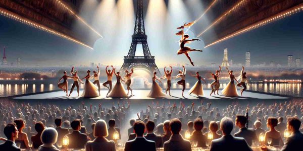 Create a realistic HD image illustrating a moment at a grand spectacle happening in Paris in 2024. The scene captures a dramatic performance with expressive dancers showcasing their talents. The stage is beautifully lit with the Eiffel Tower in the background. Note the intricate costumes the performers are wearing and the captivated audience of diverse demographics, all engrossed in the spectacle. This is a scene of truly exhilarating artistic expression.