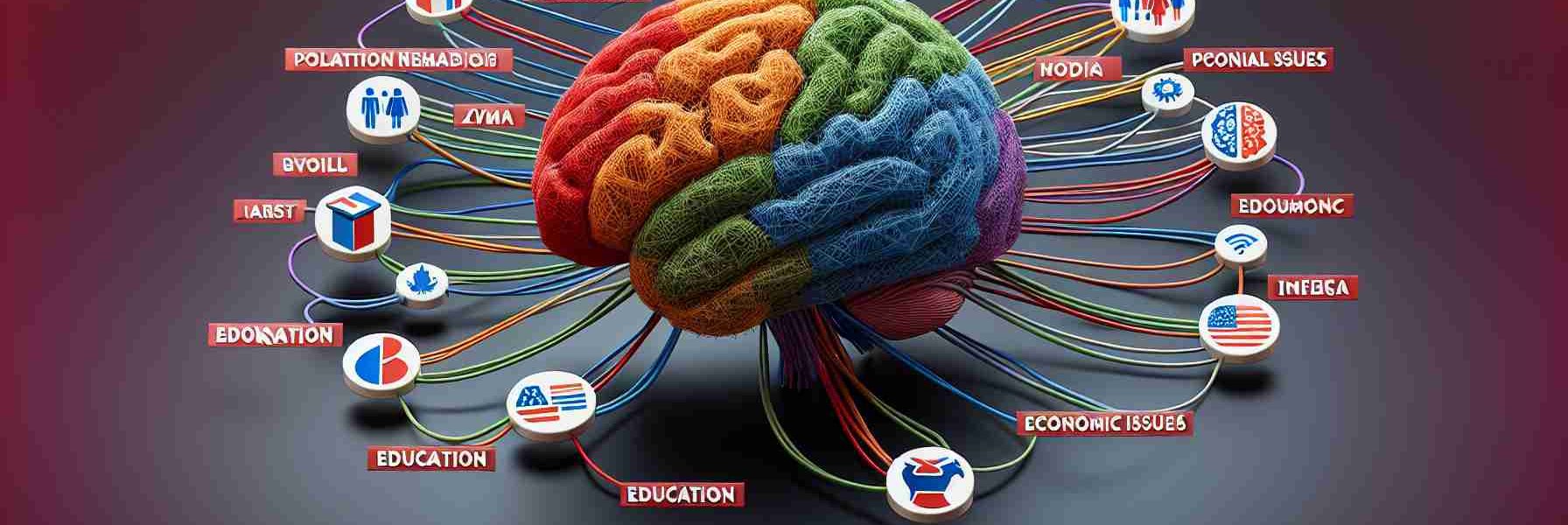 Create a high-definition, realistic image representing the diverse factors influencing voter decisions. This could manifest visually as various representative symbols, such as a ballot box, political parties' flags (not linked to any real parties), diverse population demographics, social issues symbols, economic indicators, education and media influence. All this can be seen as threads or paths leading to a human brain, symbolizing the decision-making process.