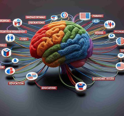 Create a high-definition, realistic image representing the diverse factors influencing voter decisions. This could manifest visually as various representative symbols, such as a ballot box, political parties' flags (not linked to any real parties), diverse population demographics, social issues symbols, economic indicators, education and media influence. All this can be seen as threads or paths leading to a human brain, symbolizing the decision-making process.