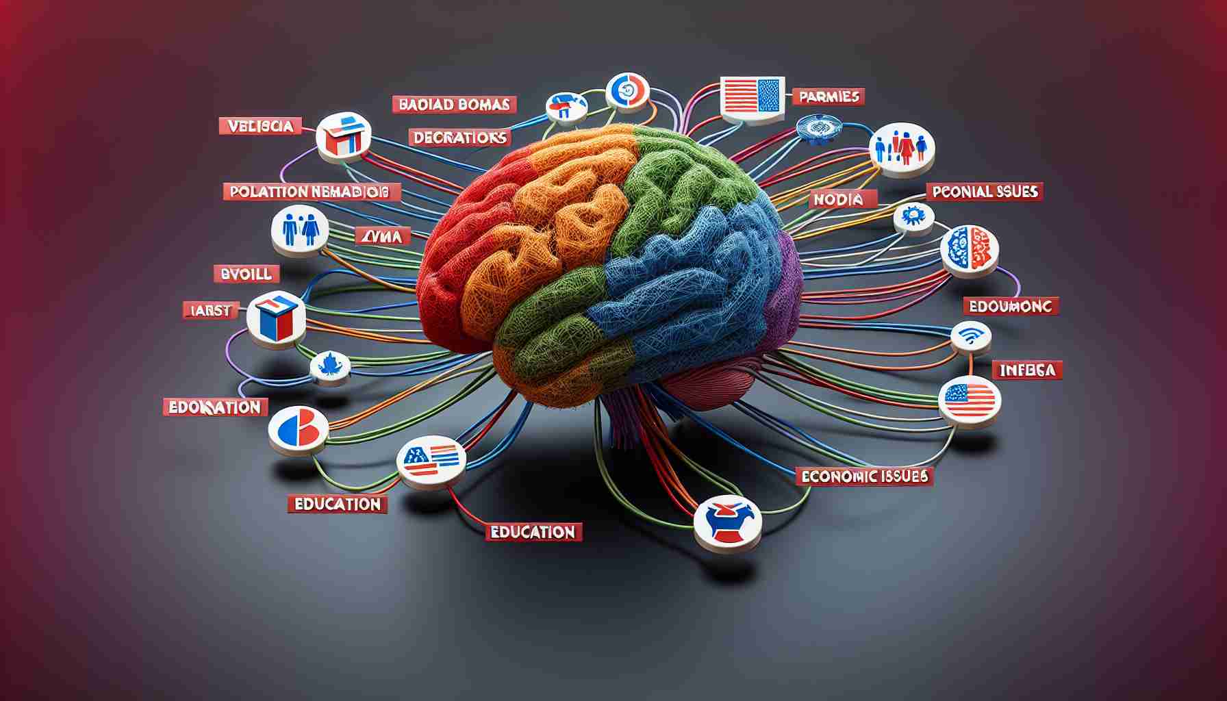 Create a high-definition, realistic image representing the diverse factors influencing voter decisions. This could manifest visually as various representative symbols, such as a ballot box, political parties' flags (not linked to any real parties), diverse population demographics, social issues symbols, economic indicators, education and media influence. All this can be seen as threads or paths leading to a human brain, symbolizing the decision-making process.