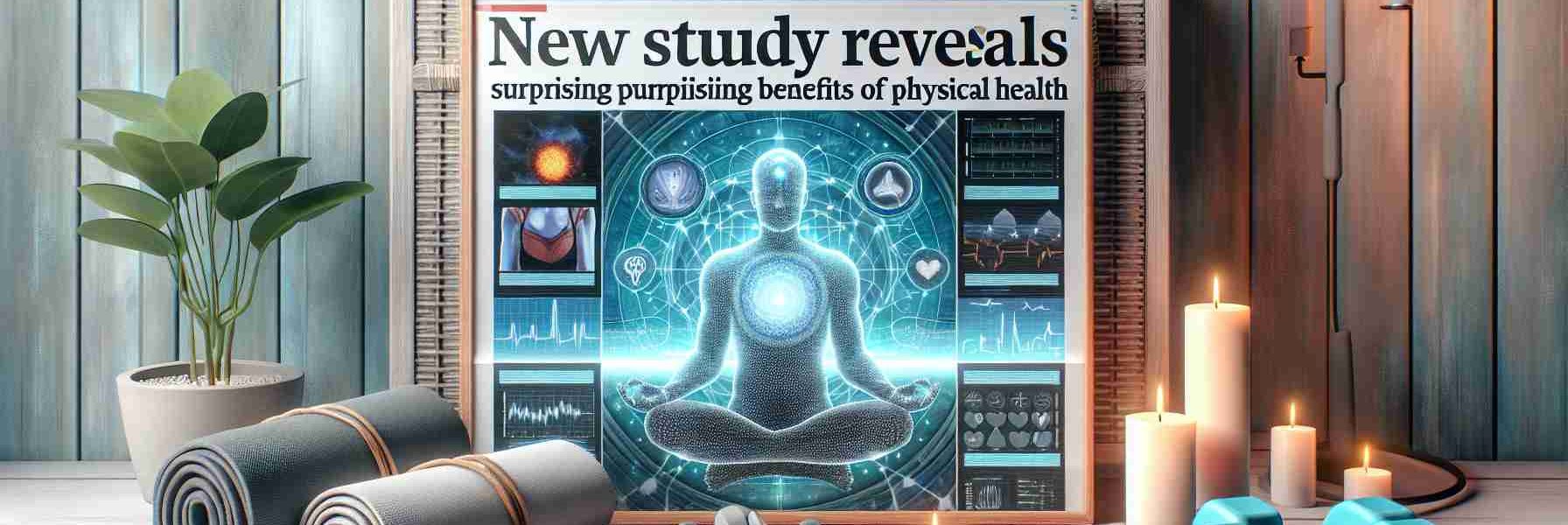 Generate a hyper-realistic photo depicting a news headline that reads 'New Study Reveals Surprising Benefits of Meditation on Physical Health'. Enhance the scene with elements that represent meditation and physical health. For instance, there could be a serene meditation space with a yoga mat, calming candles, and peaceful nature backgrounds. Furthermore, symbols of physical health such as a healthy meal, dumbbells for exercise, or a heart rate monitor could also be included.