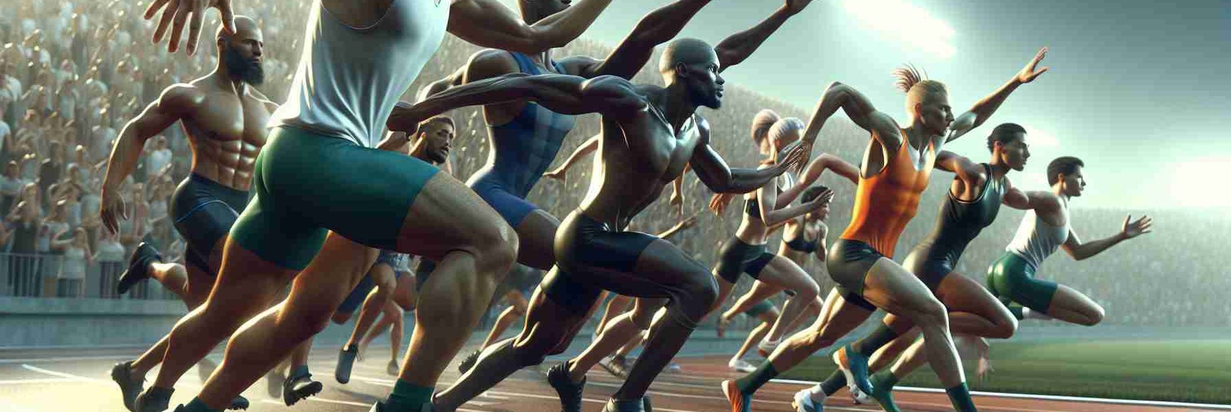 Realistic, high-definition image that captures the theme of 'Empowerment Through Inclusivity: The Rise of Diverse Athletics'. It should depict a dynamic and inspiring scene of various athletic activities in progress. The athletes should be a mix of different descents: including Caucasian, Hispanic, Black, Middle-Eastern, and South Asian individuals and of varied genders. Show men, women, and gender non-conforming individuals competing with equal prowess, symbolizing the rise of inclusivity in sports. The atmosphere should be electrifying, filled with the spirit of competitiveness, mutual respect, and camaraderie.