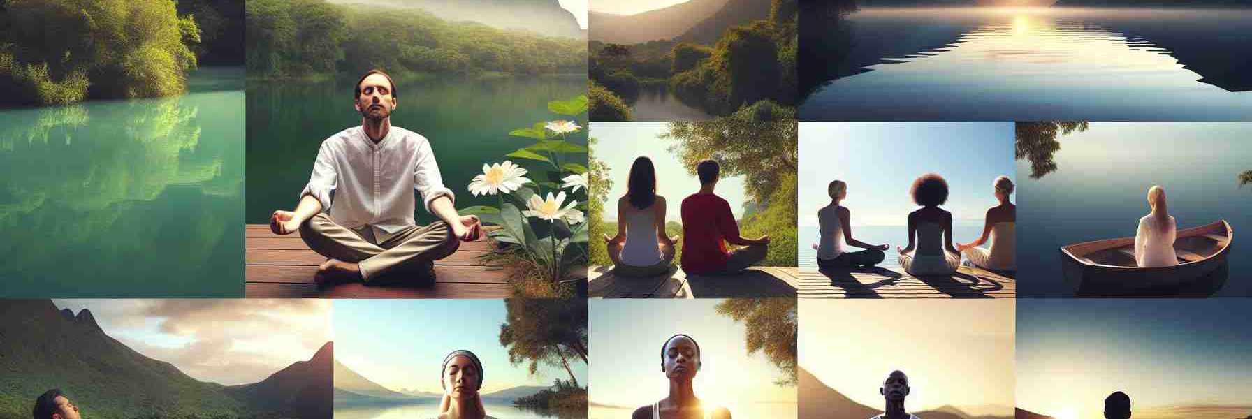 Generate a realistic, high-definition image that encapsulates the concept of exploring the benefits of mindfulness for mental well-being. Maybe illustrating a peaceful and natural setting with soothing tones and elements like a serene lake, lush greenery, or a tranquil sunrise. Show some individuals of varying genders and descents practicing mindful activities such as meditation, yoga, or quiet reflection. These individuals could be Caucasian, Hispanic, Black, Middle-Eastern, South Asian, and White, reflecting on their inner peace and harmony with nature.