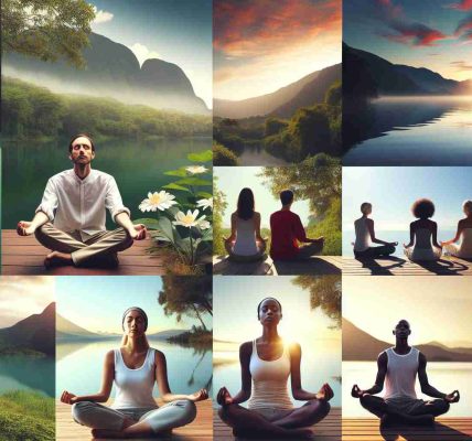 Generate a realistic, high-definition image that encapsulates the concept of exploring the benefits of mindfulness for mental well-being. Maybe illustrating a peaceful and natural setting with soothing tones and elements like a serene lake, lush greenery, or a tranquil sunrise. Show some individuals of varying genders and descents practicing mindful activities such as meditation, yoga, or quiet reflection. These individuals could be Caucasian, Hispanic, Black, Middle-Eastern, South Asian, and White, reflecting on their inner peace and harmony with nature.