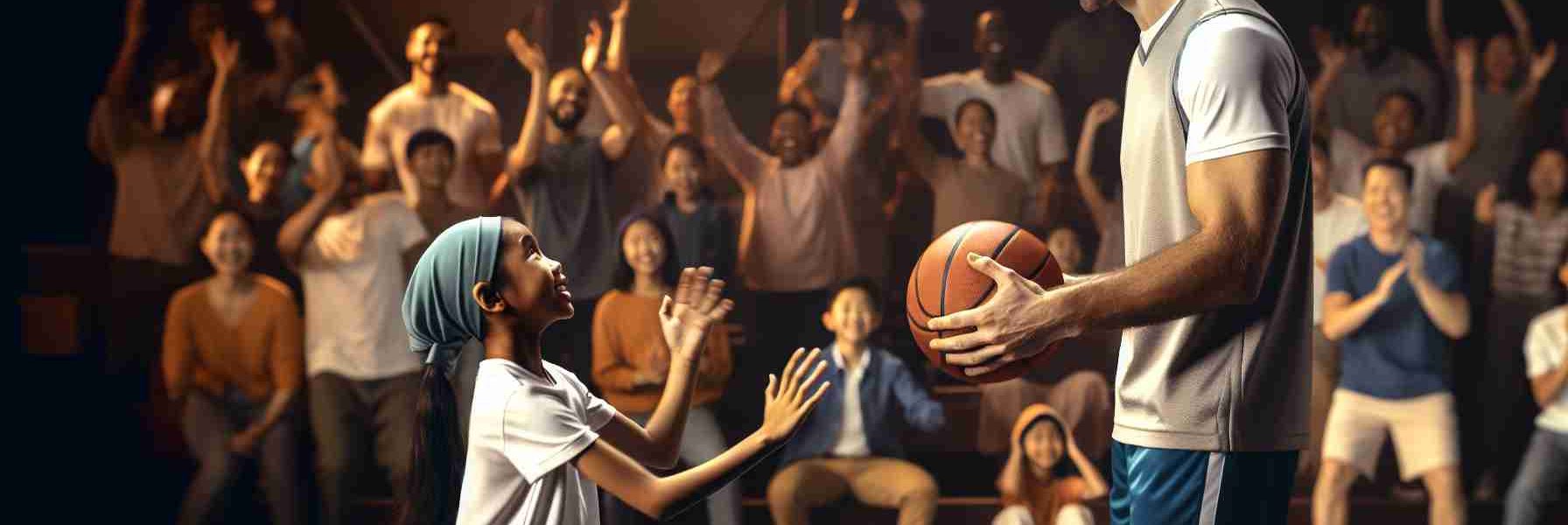 Generate an image showcasing the positive impact of an athlete's inclusive behavior on LGBTQ+ youth. It should portray a well-built, Caucasian male athlete in his mid-30s, mentoring a young Asian transgender girl in basketball. The athlete should be passing the basketball to the girl in a warmly lit indoor basketball court. The girl should be joyfully reaching out for the ball, showing trust and admiration towards the athlete. In the background, a supportive crowd inclusive of different genders and descents can be subtly indicated cheering on. The image should appear as a high definition and realistic photo.