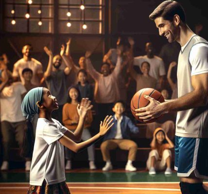 Generate an image showcasing the positive impact of an athlete's inclusive behavior on LGBTQ+ youth. It should portray a well-built, Caucasian male athlete in his mid-30s, mentoring a young Asian transgender girl in basketball. The athlete should be passing the basketball to the girl in a warmly lit indoor basketball court. The girl should be joyfully reaching out for the ball, showing trust and admiration towards the athlete. In the background, a supportive crowd inclusive of different genders and descents can be subtly indicated cheering on. The image should appear as a high definition and realistic photo.