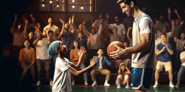 Generate an image showcasing the positive impact of an athlete's inclusive behavior on LGBTQ+ youth. It should portray a well-built, Caucasian male athlete in his mid-30s, mentoring a young Asian transgender girl in basketball. The athlete should be passing the basketball to the girl in a warmly lit indoor basketball court. The girl should be joyfully reaching out for the ball, showing trust and admiration towards the athlete. In the background, a supportive crowd inclusive of different genders and descents can be subtly indicated cheering on. The image should appear as a high definition and realistic photo.