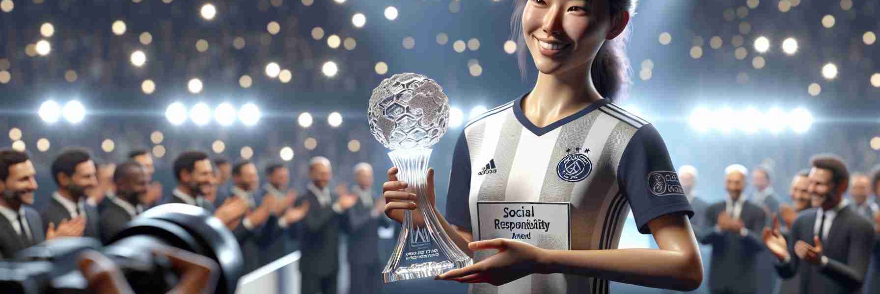 High-definition, realistic image of a professional soccer player, who is an Asian woman, smiling as she receives a Social Responsibility Award. She stands on a stage, holding the award, a crystal trophy with an embossed globe, in her right hand. Around her, flashes from cameras light up the scene while the audience in the background applauds. Her team's soccer jersey is visible, but the logo and name are generic. The words 'Social Responsibility Award' are etched onto the base of the trophy, gleaming in the light.