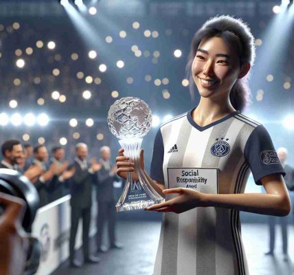 High-definition, realistic image of a professional soccer player, who is an Asian woman, smiling as she receives a Social Responsibility Award. She stands on a stage, holding the award, a crystal trophy with an embossed globe, in her right hand. Around her, flashes from cameras light up the scene while the audience in the background applauds. Her team's soccer jersey is visible, but the logo and name are generic. The words 'Social Responsibility Award' are etched onto the base of the trophy, gleaming in the light.